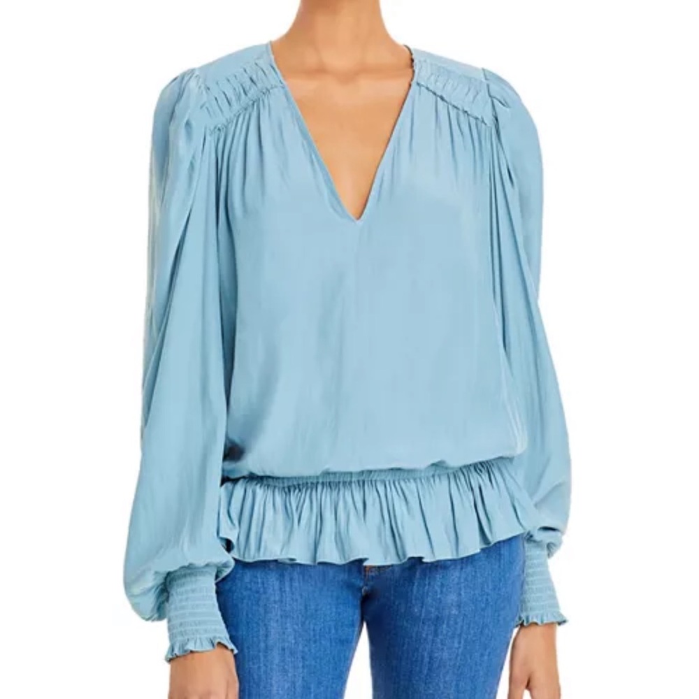 NWT Ramy Brook Melissa V Neck Ruffled Top Light Blue Blouse with Ruffled Hem